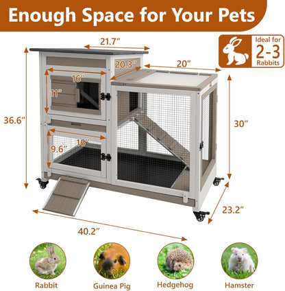 2 Story Rabbit Hutch Indoor with 2 Deeper Pull-Out Trays, Wooden Rabbit Cage with 4 Lockable Wheels, Ramp, Chew-Anti Metal Strip for Rabbit, Guinea Pig, Hamster(40.2" L X 23.2" W X 36.6" H)