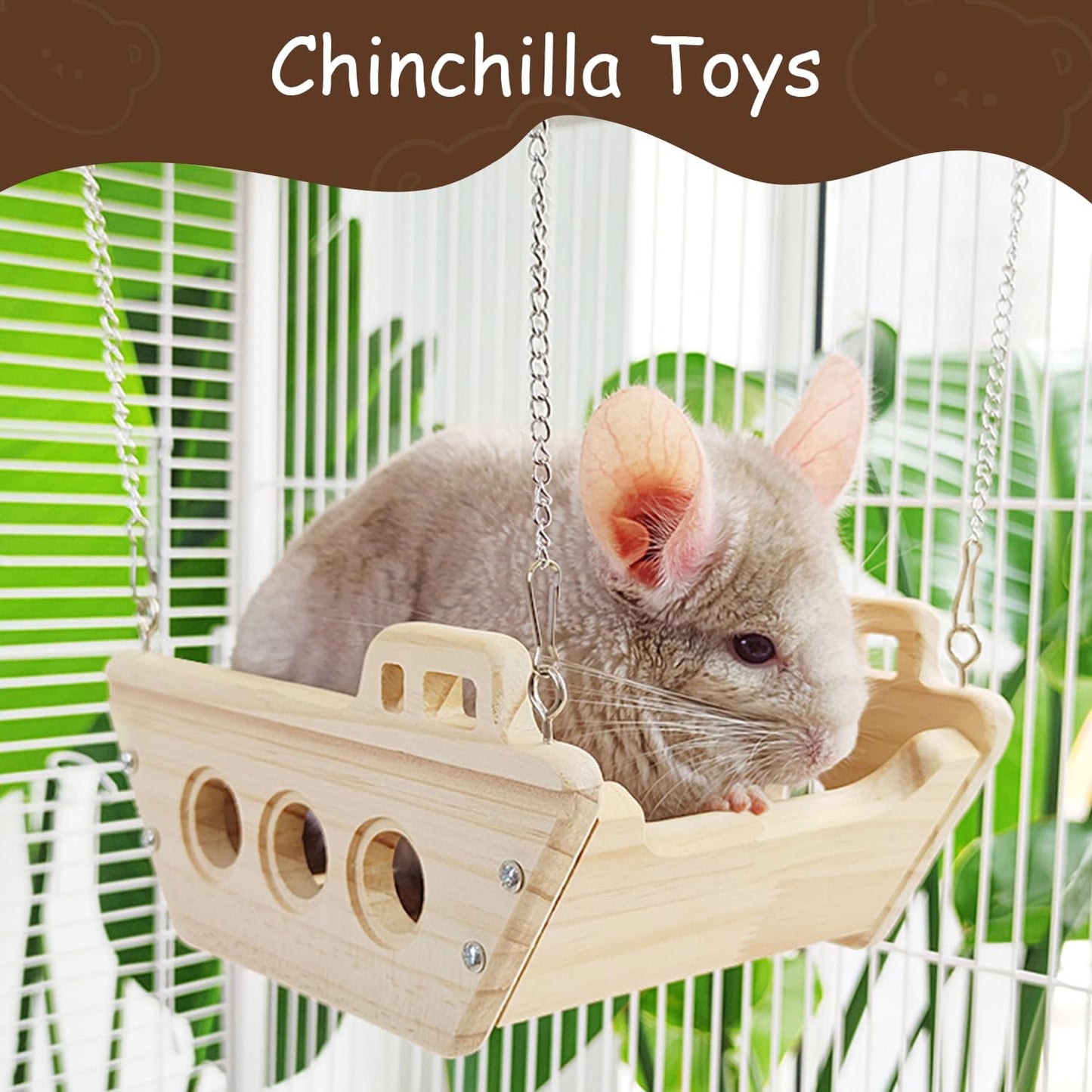 Natural Wood Chinchilla Toy Hammock for Cage Swing, Hanging Chinchilla Bed, Wooden Toys and Cage Accessories, Hut Ledges and Platforms for Indoor Habitat Enrichment