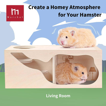 Marchul Hamster Hideout Wooden House Chamber Small Animals Pets Tunnel Exploring Toys for Dwarf Hamsters, Syrian Hamsters, Gerbils, Hedgehogs, Rats, Mice (Living Room)
