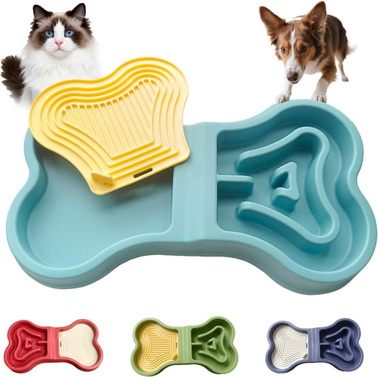 Bone Slow Feeder Bowl for Dogs Cats - 2-in-1 Lick Mat & Water Dish with 6 Non-Slip Pads, Food-Grade PP & Silicone Pet Bowl for Anti-Choking，Fun Feeding，Anxiety Relief (Wathet Blue)