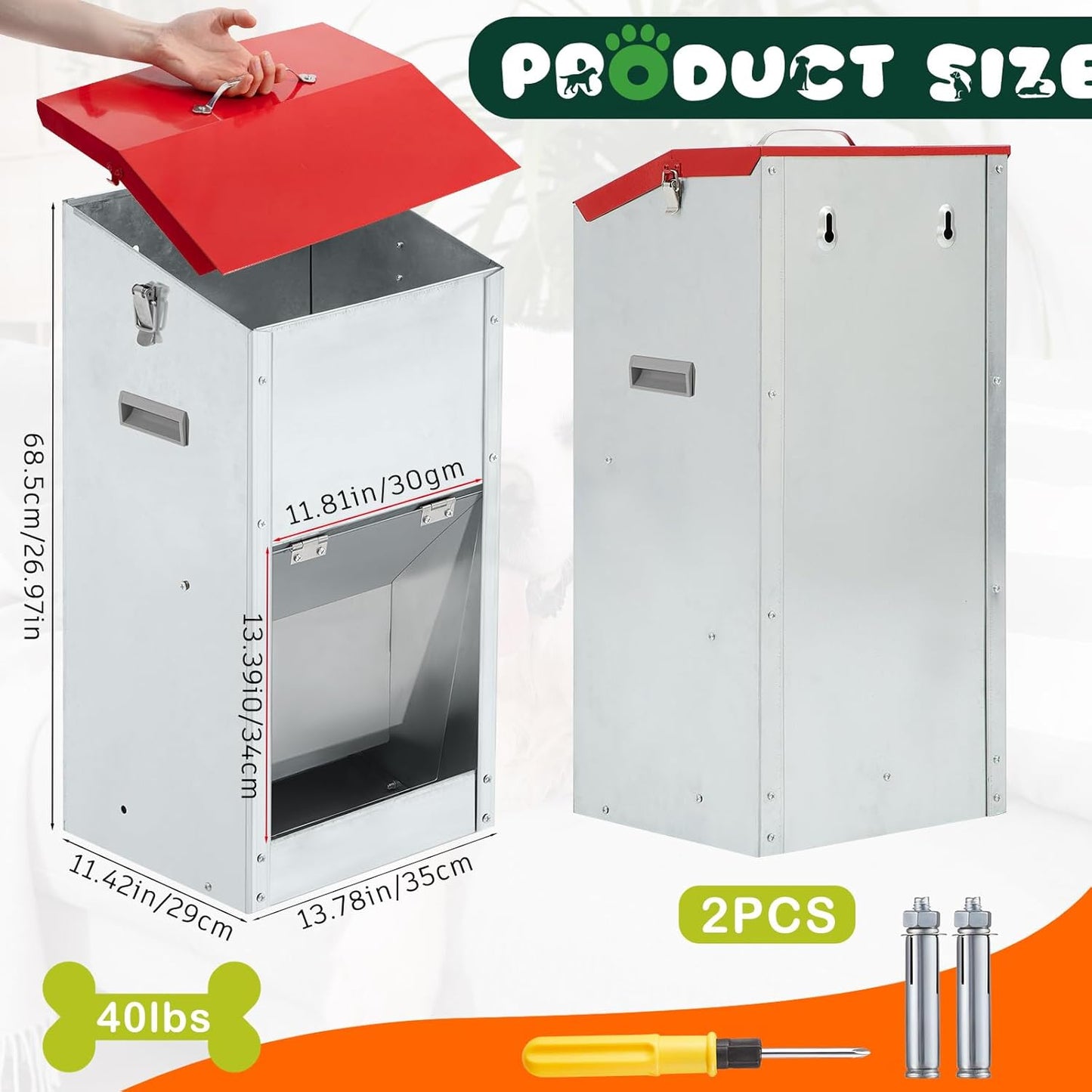 2 Pcs 40 Lbs Large Automatic Dog Feeders with Handle Acrylic Panel Galvanized Gravity Feeder Outdoor Hanging for Doggie Breed Dog Food Dispenser Container (Red, No Wheels)