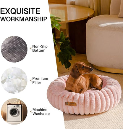 MEWOOFUN Donut Dog Beds for Small Dog, Calming Bed Round Cute Puppy Bed with Non-Slip Bottom, Fluffy Washable Pet Bed for Puppy and Kitten (Pink, S (25x25x7))
