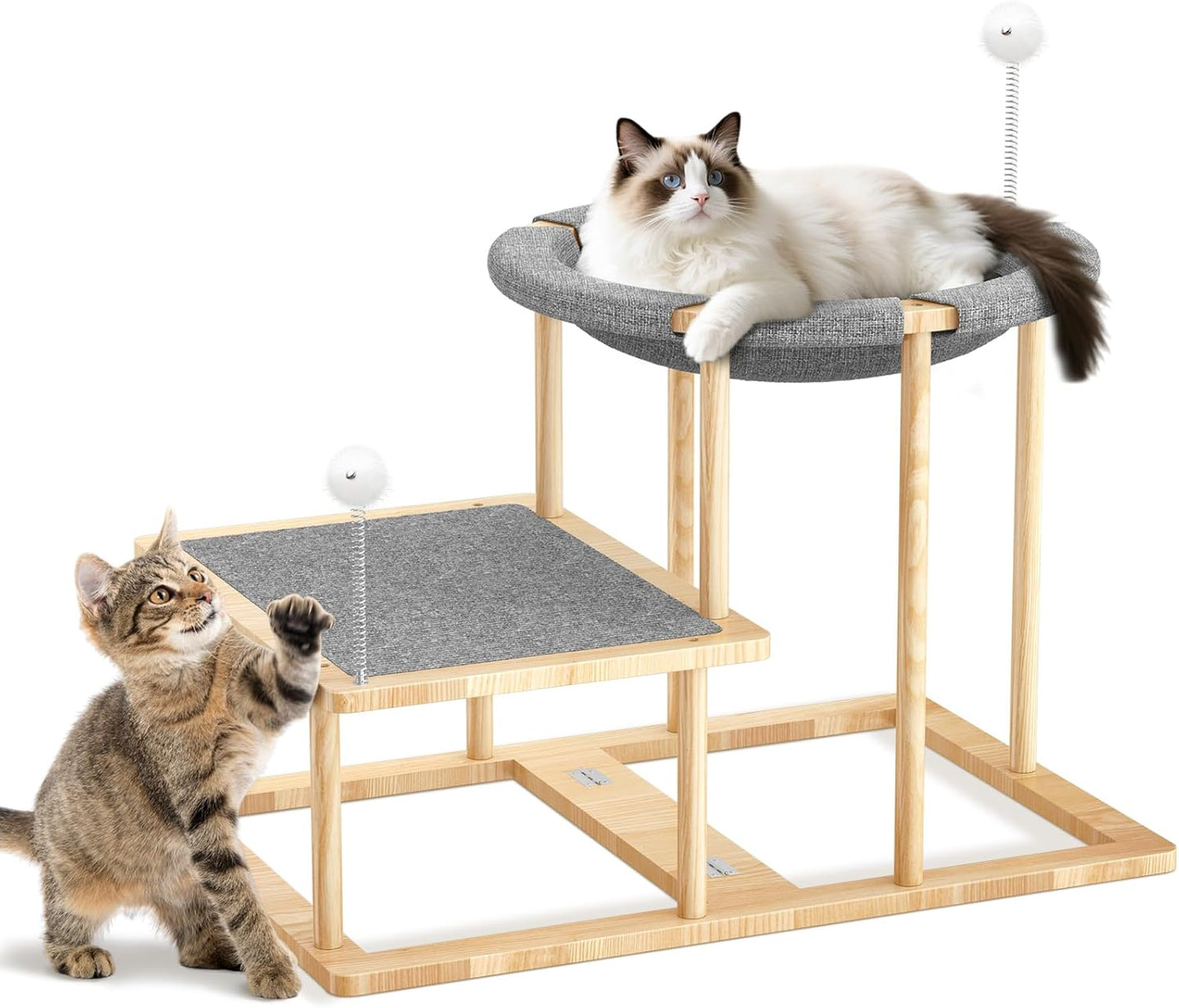 Pawaboo Elevated Cat Hammock Bed, 2-Tier Cats Bed with 2 Teasers, Wooden Cats Furniture with Kitten Scratching Mat,Double Cat Beds Interactive Stair Shaped Pet Hammock for Indoor Kitties Climbing