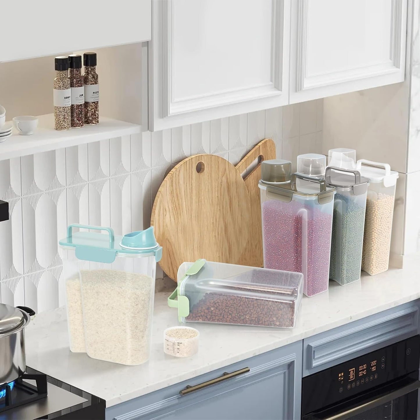 5-7LBS Dog Cat Storage Container Portable with Upgraded Large Spout and Cup, Plastic Pet Food Dispenser for Small Animal Kibble, Bird Seed, Oatmeal, Rice, Flour, Brown Sugart-2 Pack Sky Blue