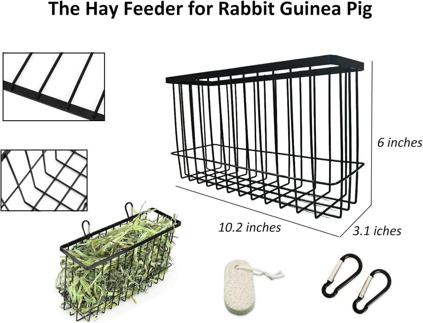 Hay Feeder for Rabbit Guinea Pig Chinchilla Small Animal Bunny Hanging Feeder for Cage Heavy Duty Metal Rack Timothy Veggie Holder (hay feeder*1 + food water cage cup *4 + Pet Teeth Grinding Stone*1)