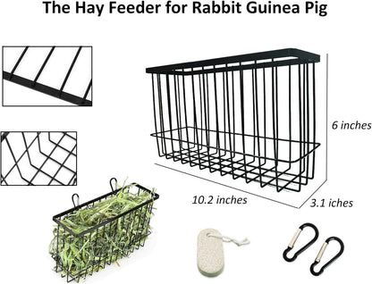 Hay Feeder for Rabbit Guinea Pig Chinchilla Small Animal Bunny Hanging Feeder for Cage Heavy Duty Metal Rack Timothy Veggie Holder (hay feeder*1 + food water cage cup *4 + Pet Teeth Grinding Stone*1)