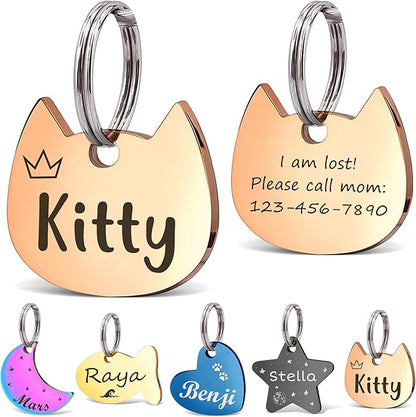 Anavia Small Size Dog Cat ID Tags, Small/XS Personalized Color Plated Stainless Steel Puppy Kitten Name Tags, Customized Engraved Nameplate Pet Collar Tag (Rose Gold, Cat Head)