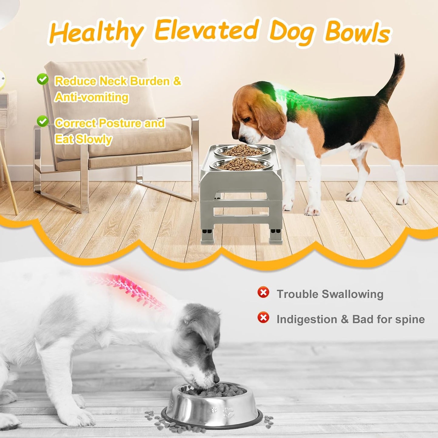 Elevated Dog Bowls 3 Height Adjustable Raised Bowl Stand with 25oz Stainless Steel Dog Food Bowls Anti-Slip for Small Dogs Adjusts to 7.5", 6", 2.75", Grey
