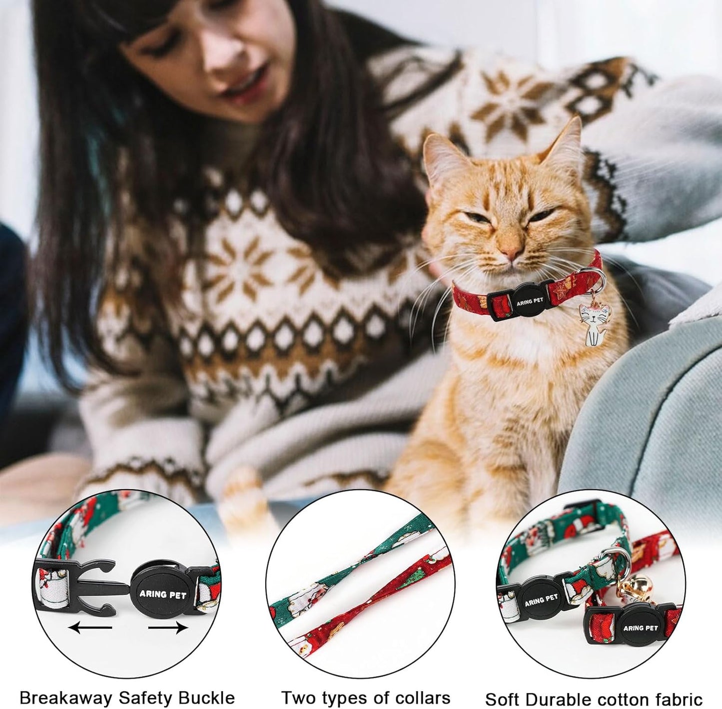 ARING PET 2 Pack Christmas Cat Collars-Cute Cat Collar Breakaway with Bell&Pendant, Adjustable Christmas Kitten Collars with Safety Buckle for Girl and Boy Cats