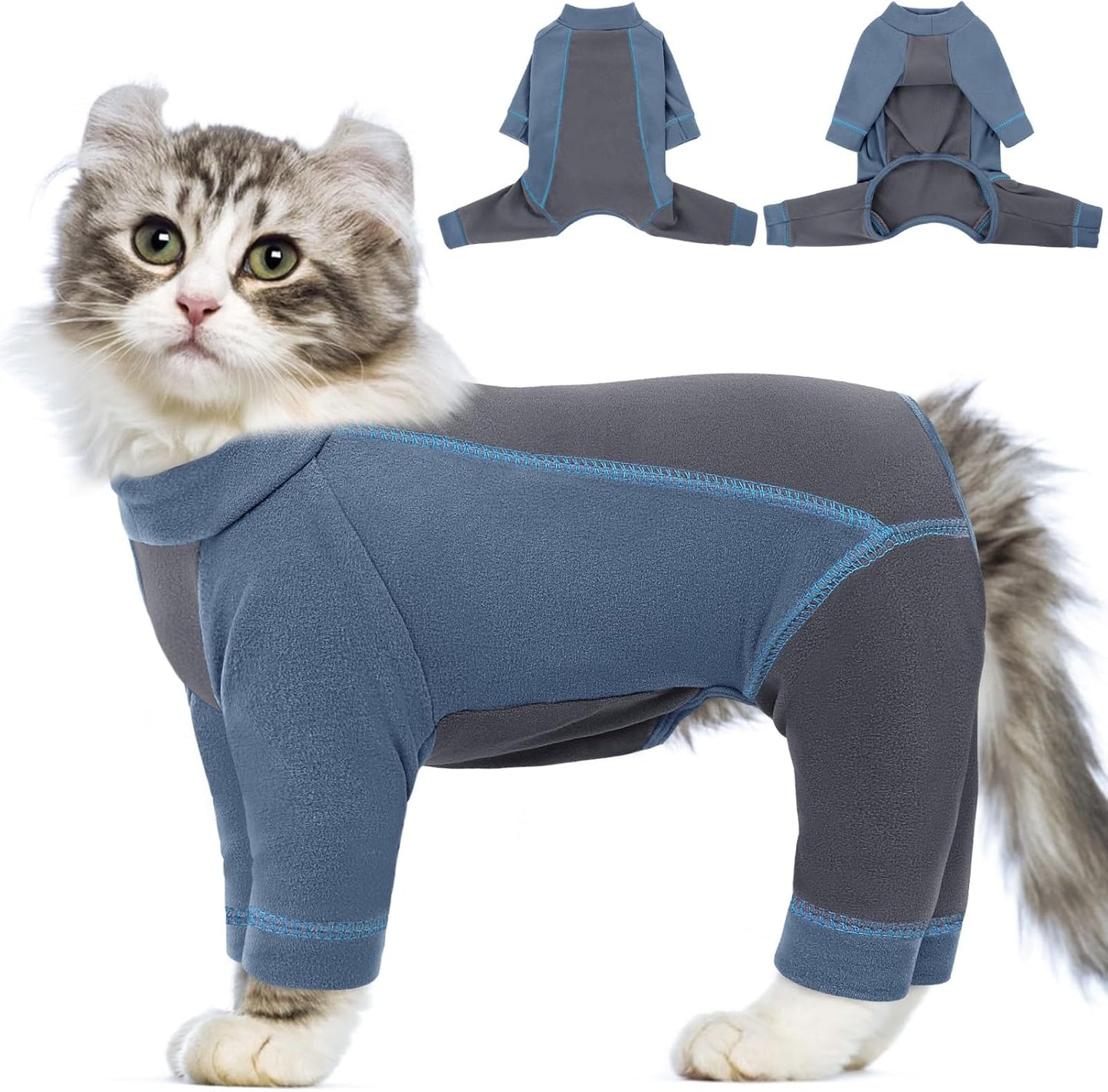 SUNFURA Hair Sticky Cat Clothes, Cat Sweater for Cats Only, 4-Legged Fleece Sweaters Kitten Pajamas Reduce Shedding Fur, Warm Pullover Shirts for Cats, Blue L