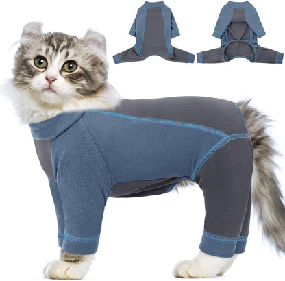 SUNFURA Hair Sticky Cat Clothes, Cat Sweater for Cats Only, 4-Legged Fleece Sweaters Kitten Pajamas Reduce Shedding Fur, Warm Pullover Shirts for Cats, Blue L
