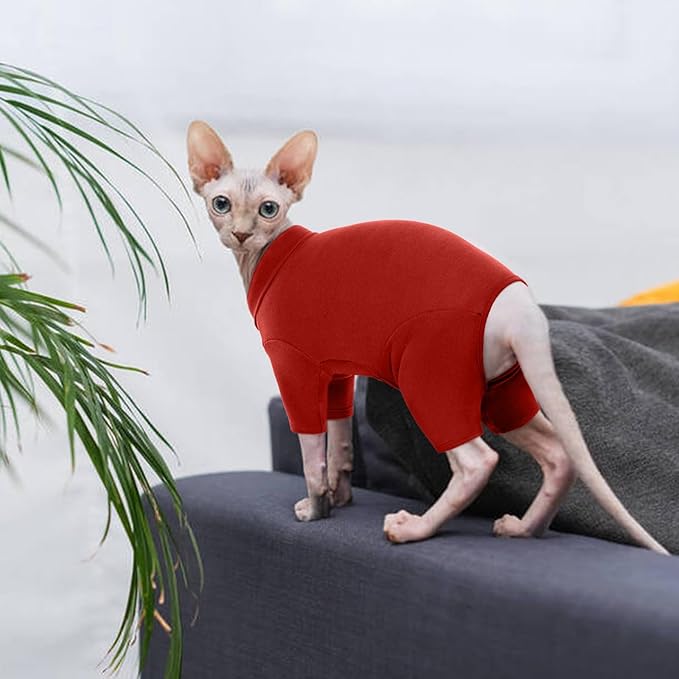 ROZKITCH Hairless Cat Clothes, Breathable Soft Cat Jumpers for Cats Only, Cat Coat with Four Legs, Warm Cat Sweater Cat T-Shirt Cat Pajamas Jumpsuit Vest Cornish Rex Devon Rex Peterbald Red L