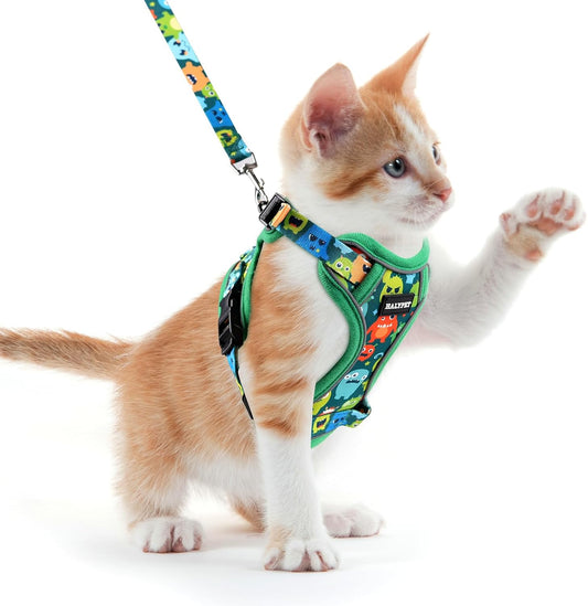 Halypet Cat Harness and Leash Set for Walking, Escape Proof Adjustable Vest Harness with 3-in-1 Integrated Buckles, Easy Control Soft Breathable Mesh with Reflective Strips for Cats, XS, Green Monster