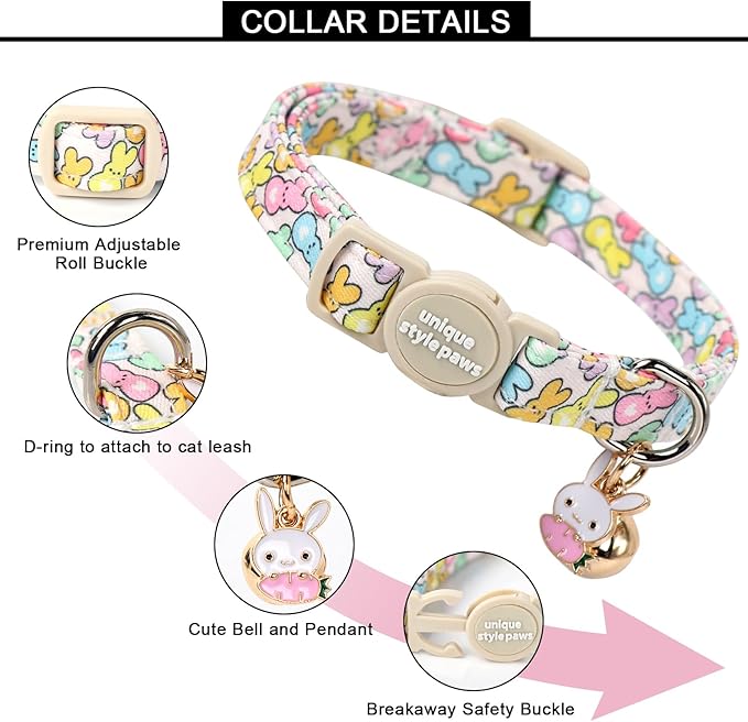 Unique style paws 2 Pack Easter Day Kitten Collar Breakaway with Bell&Pendant, Adjustable Safety Colorful Sports Rabbit Cat Cotton Collar for Girl Boy Cat and Small Pet
