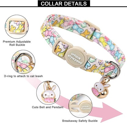 Unique style paws 2 Pack Easter Day Kitten Collar Breakaway with Bell&Pendant, Adjustable Safety Colorful Sports Rabbit Cat Cotton Collar for Girl Boy Cat and Small Pet