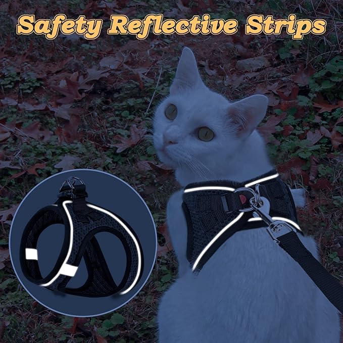 Cat Harness and Leash for Walking Escape Proof, Adjustable Kitten Vest Harness Reflective Soft Mesh Puppy Harness for Outdoor, Comfort Fit, Easy to Control (Black, M)