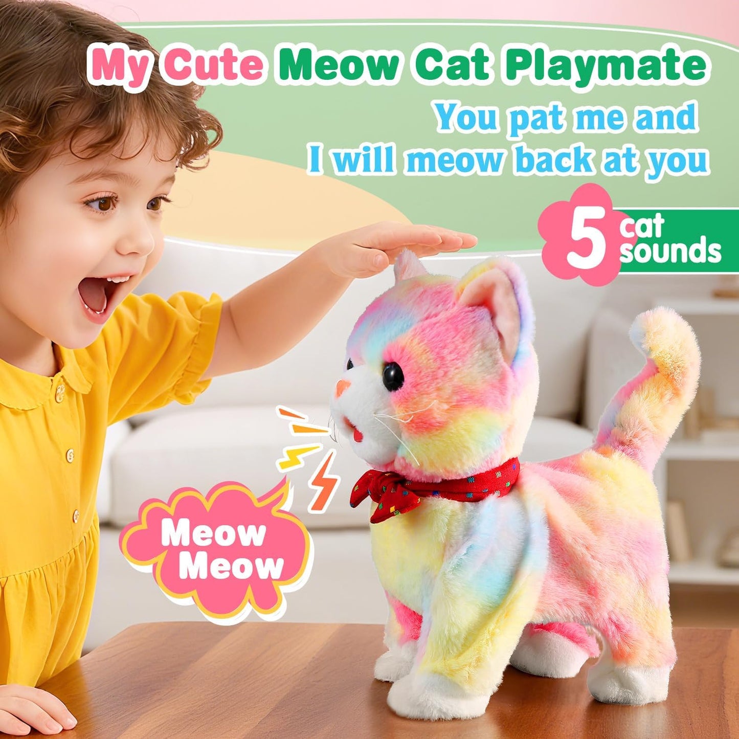 Colorful Leash Walking Cat Set Toy Interactive Talking Cat Singing Dancing Kitten Mimicking Repeat What You Say Kitty Touch and Voice Control Nodding Wagging Tail Plush Electric Robot for Kid Girl