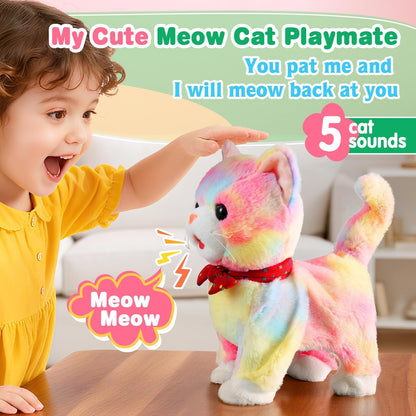 Colorful Leash Walking Cat Set Toy Interactive Talking Cat Singing Dancing Kitten Mimicking Repeat What You Say Kitty Touch and Voice Control Nodding Wagging Tail Plush Electric Robot for Kid Girl