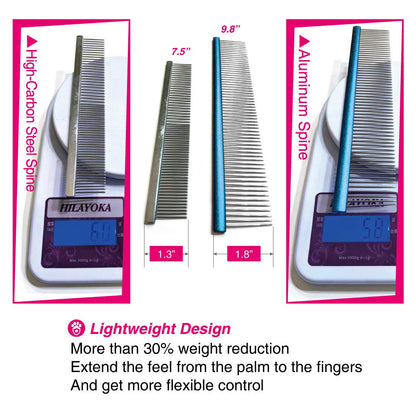 Greyhound Comb with Oval Handle for Dogs and Cats, Removing and Shedding Matted, Tangled Hair, Metal Comb with Stainless Steel Pins, Detangling Grooming Tool (9.8" Blue-20% fine pins)