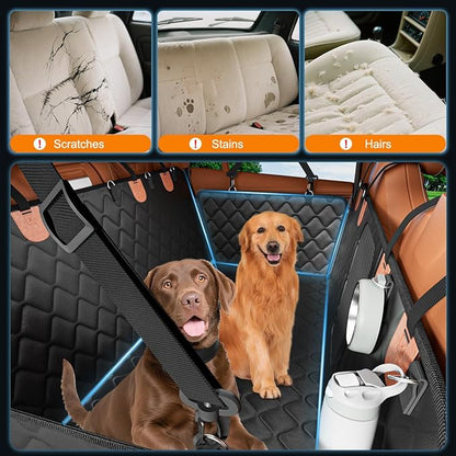 Leather Back Seat Extender for Dogs, Waterproof Dog Car Seat Covers for Back Seat with Hard Bottom, Dog Hammock for Car SUV and Truck（With Anti Scraatch Mesh Window and Retractable Belt Harness)
