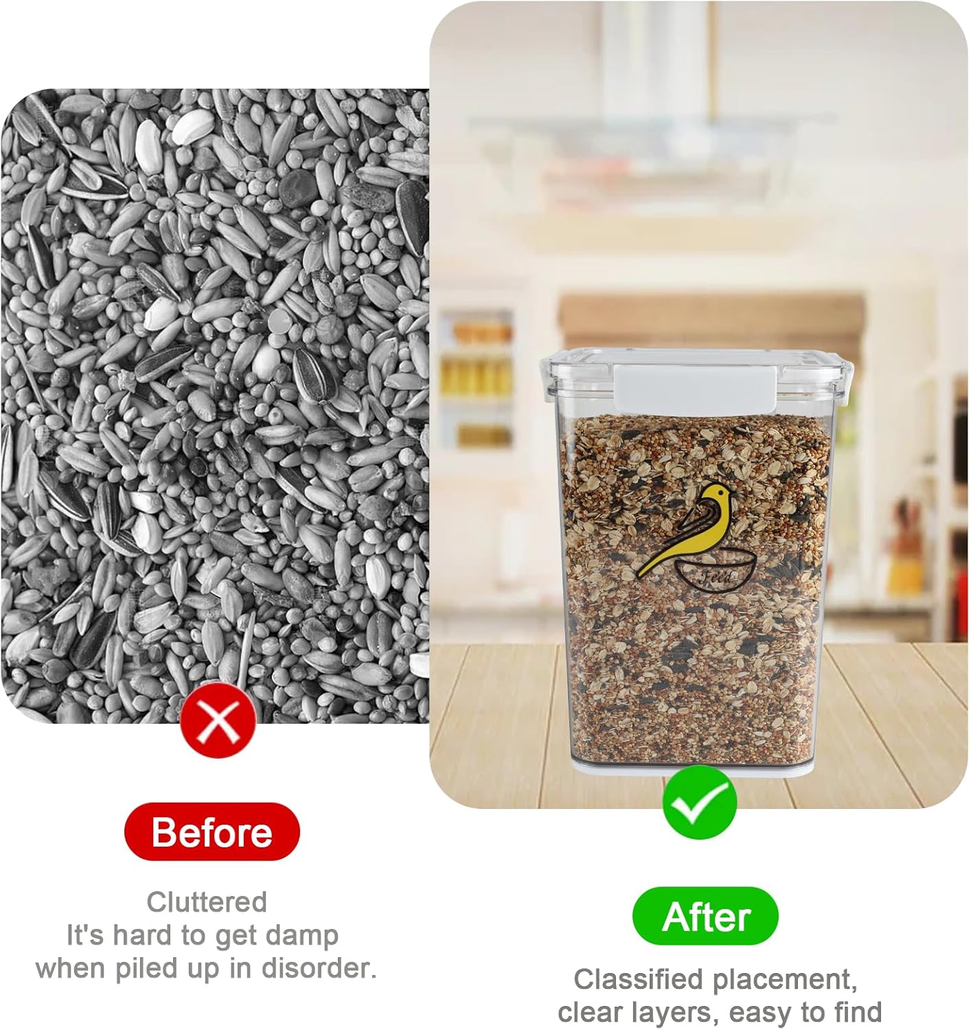 Bird Seed Storage Container-Airtight Bird Food Container-8.4lb/5 l Pet Food Storage Containers with Birds Seed Scoop-Wild Birds Dispenser-forPet Parakeets Finches Food Mealworms/Clear