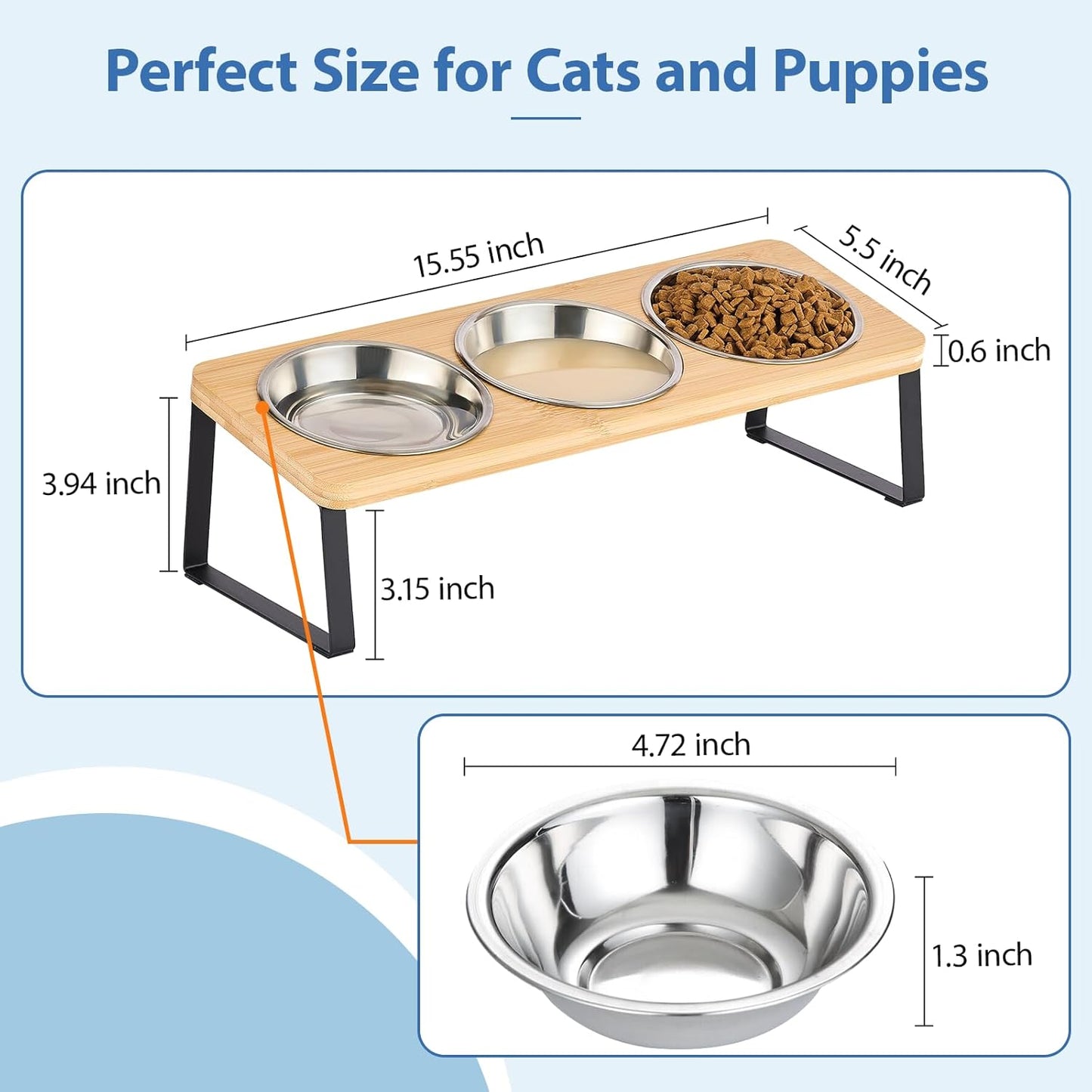 Elevated Cat Bowls, 15° Tilted Raised Cat Food and Water Bowl, Anti-Vomit & Whisker-Friendly Design, 3 Stainless Steel Bowls for Cats and Small Dogs