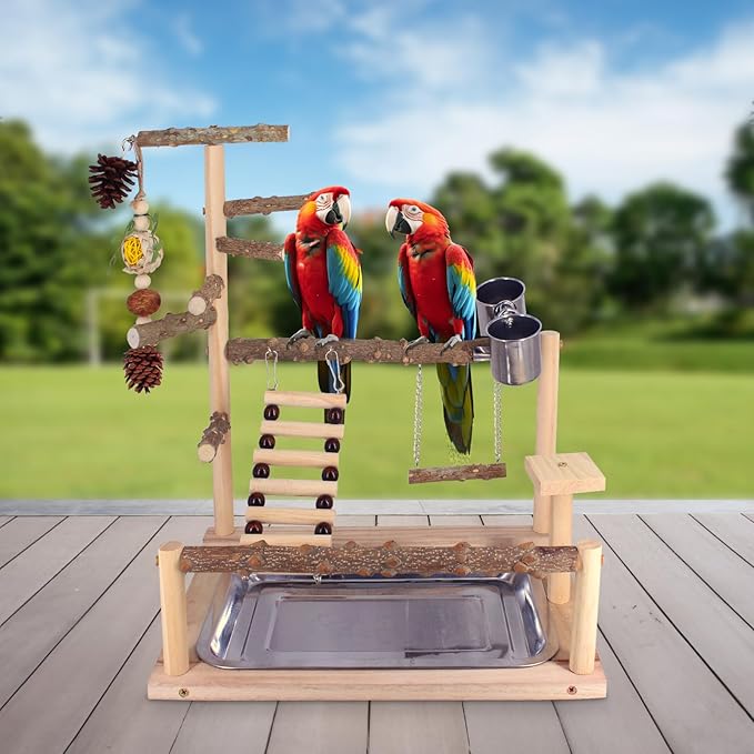 Bird Playground Natural Parrot Toys Perch Stand Cockatiel Swing with Chew Toys Parrot Platform with Feeder Cups Parakeet Playground Bird Cage Play Stand for Conure Parakeet Cockatiel