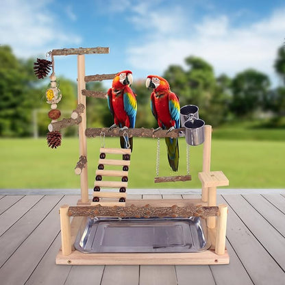 Bird Playground Natural Parrot Toys Perch Stand Cockatiel Swing with Chew Toys Parrot Platform with Feeder Cups Parakeet Playground Bird Cage Play Stand for Conure Parakeet Cockatiel