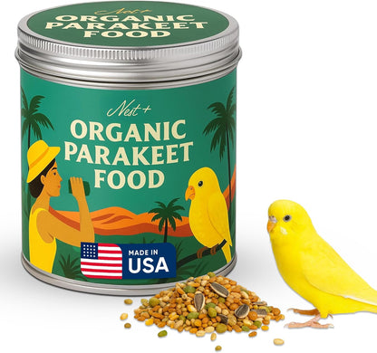 Premium Bird Seed Parakeet Food | Organic Parakeet Bird Seeds with Oat Groats, Amaranth & Super Veggies | Perfect Bird Food, Pretty Parrot & Budgie Food | Reusable Tin (1lb)