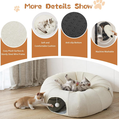 Pawaboo 2-in-1 Cat Tunnel Bed for Indoor Cats, 8-Shaped Large Cat Tunnels with Plush Cushions, Foldable Cats Cave Hideout Kitty Toys with Fluffy Balls, Donut Tunnel for Kitten Rabbit Ferret,Beige
