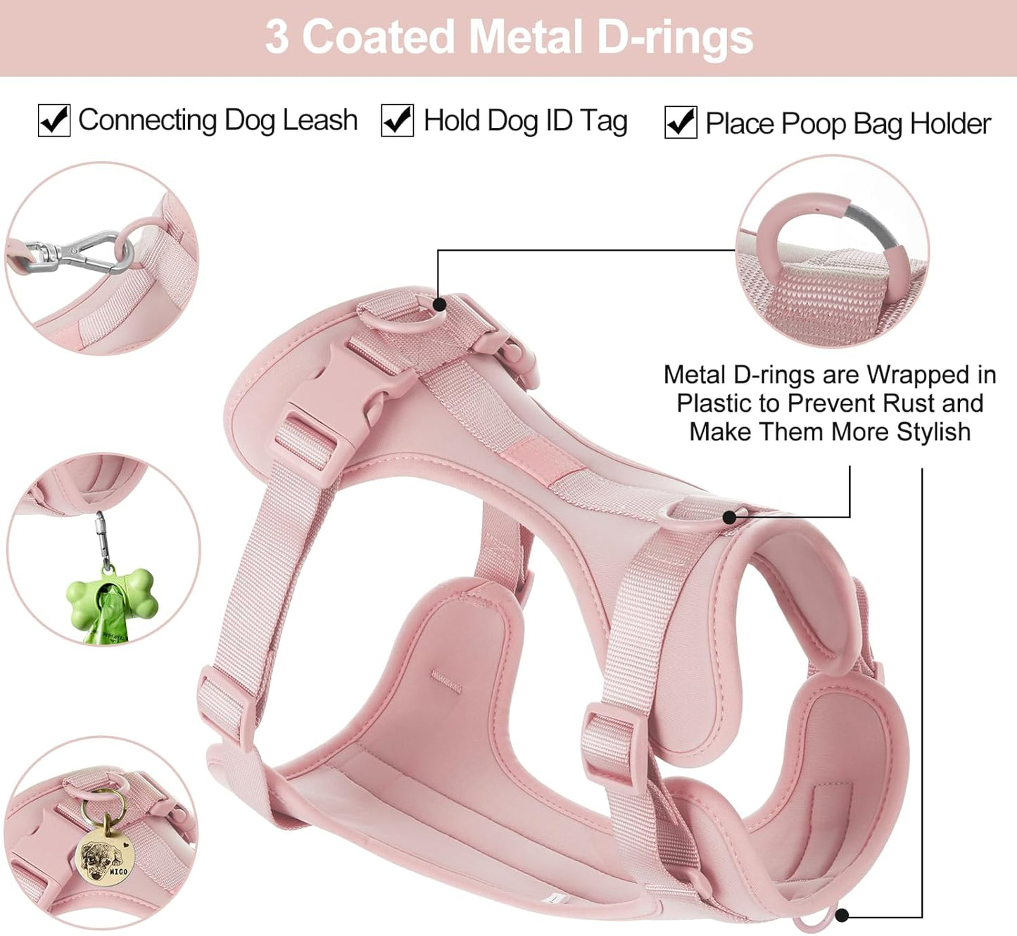 Wisedog No Pull Lightweight Dog Vest Harness with Soft and Comfortable Cushion, Breathable Mesh, for Small Medium Large Dogs Walking (L(Neck: 16.15"-20.86";Chest: 24.02"-38.19"), Gossamer Pink)