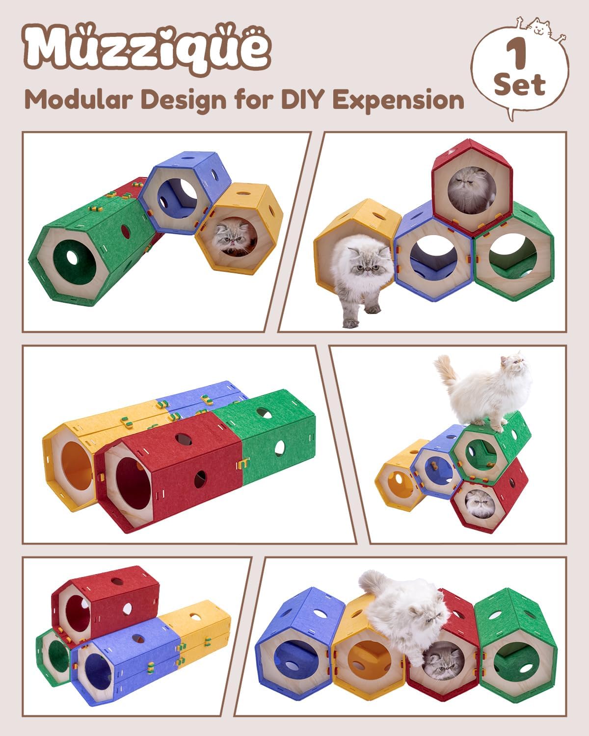 Cat Tunnel Bed, for Indoor Cats, DIY Transformable Pet Tunnel Tube, 8 Way Hiding Large Washable Kitty Play Toy, Puppy Circle House, Expandable Hideaway Peekaboo Kitten/Rabbit Cave, Hideout Cube, 1 Set