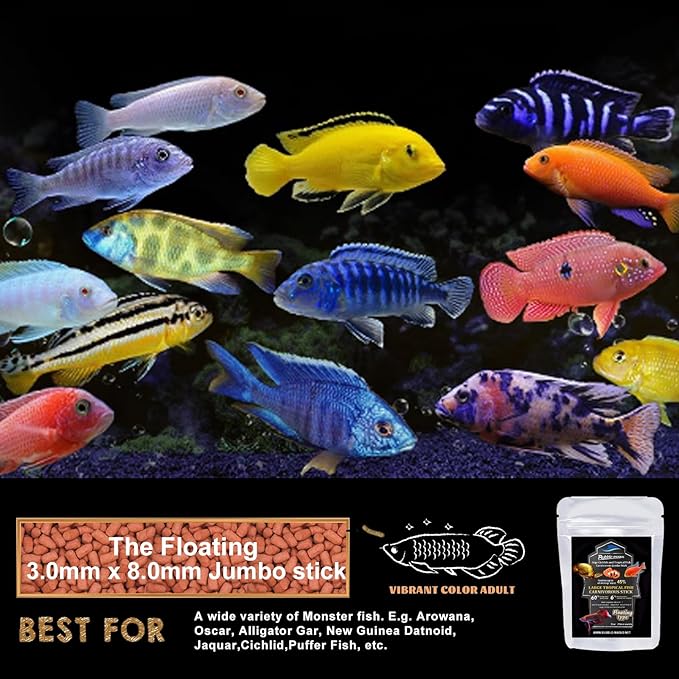 Bubble Magus Monster Fish Food, 60% Shrimp Meat and Salmon Meat, Floating Sticks for Pufferfish. Oscars, Bass, Large Cichlids and Tropical Fish, Carnivorous Jumbo Stick (5 Ounce)