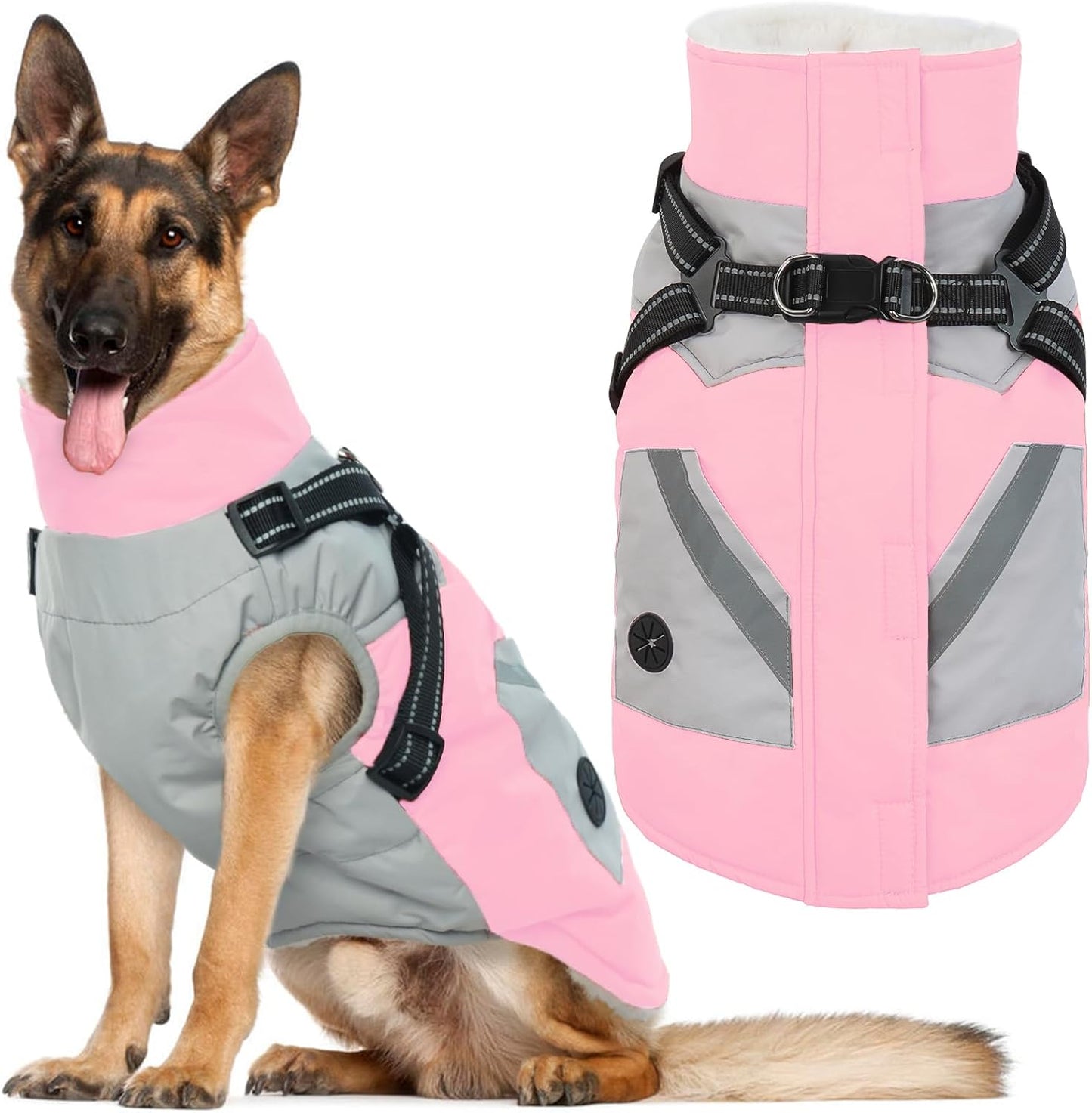 IECOii Dog Winter Coat with Harness Built in, Waterproof Windproof Dog Coats for Large Dogs, Thermal Fleece Cold Weather Jackets with Zip, Outdoor Warm Snow Jacket Reflective, Pink, XXXL