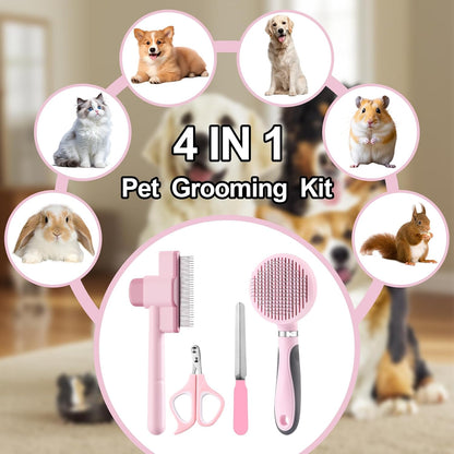 Cat Grooming Kit, 4-in-1 Cat Grooming Tools with Cats Brush, Flea Comb, Nail Clipper & Trimmer - Deshedding & Dematting for Pets Hair and Paws, Pet Shedding Set for Indoor Dogs & Cats (Pink)
