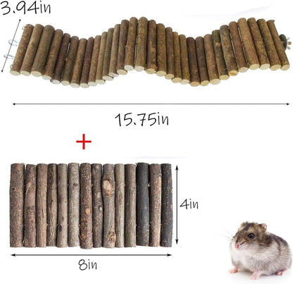 2PCS Rat Bendy Long Suspension Bridges, Hamster Bridge Wooden Ladder Bendable Flexible Tunnel Natural Climbing Ladder Chews Toys for Rodents Mouse Dwarf Hamster（15.7×3.9''+7.9×3.9'' Brown）