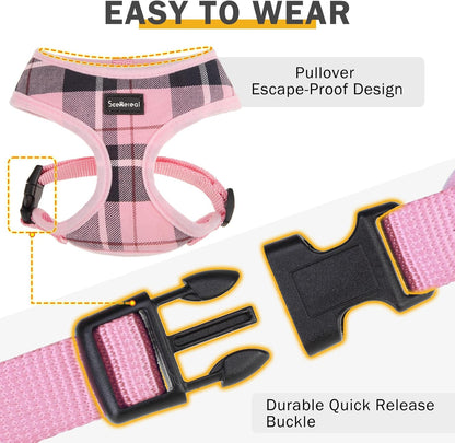 SCENEREAL Puppy Dog Harness with Leash Set for Small Medium Sized Dogs, Soft Mesh Step in Pet Harnesses and Leash, No Chock Plaid Adjustable No Pull Vest for Dogs Cats, Chihuahua,Bulldog (Pink M)