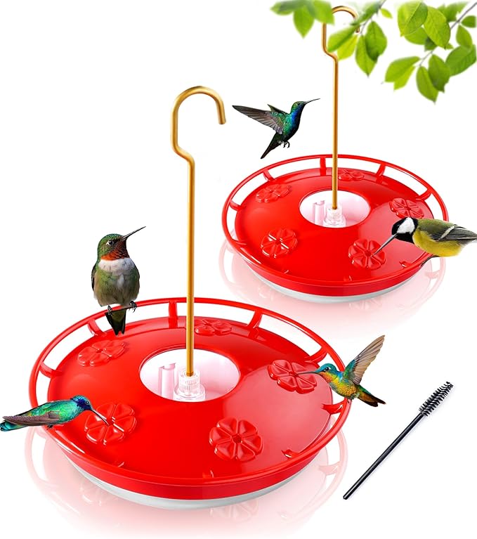 eWonLife Hummingbird Feeder for Outdoors, 2 Pack, Leak-Proof, Easy to Clean and Refill, Saucer Humming Bird Feeder Plastic, Including Hanging Hook, with 5 Feeding Ports (16 Ounce/Pack)