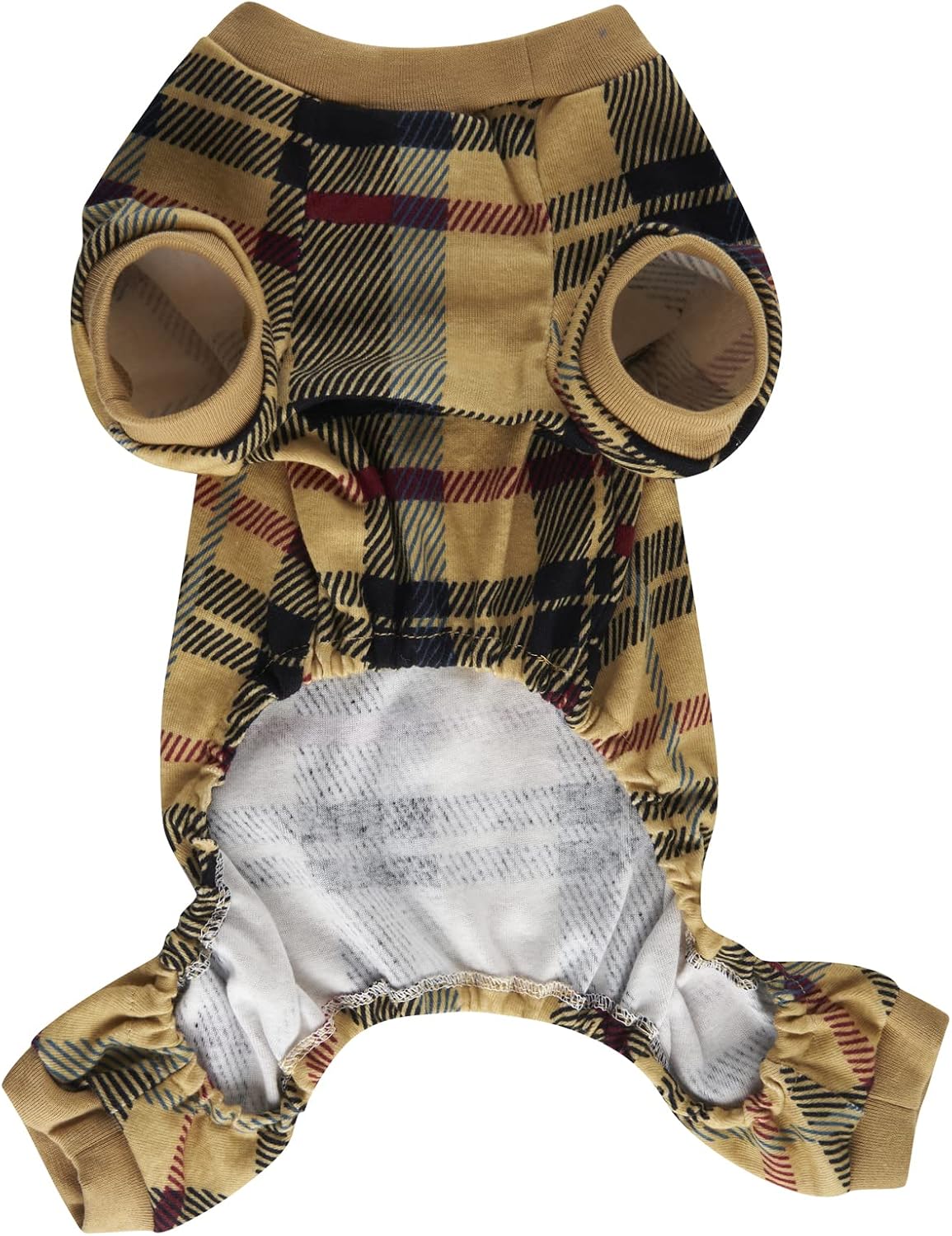 Beige Buffalo Plaid Christmas Clothes for Dogs Pajamas Onesie PJS, Back 23" XLarge