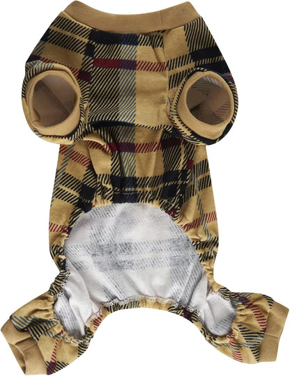 Beige Buffalo Plaid Christmas Clothes for Dogs Pajamas Onesie PJS, Back 23" XLarge