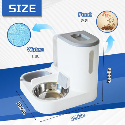 Automatic Cat Food and Water Dispenser Set 2 in 1, All-in-One Gravity Pet Feeder with Stainless Steel Cat Food Bowl Travel Auto Supply Feeder and Water Dispenser for Small Medium Cats Dogs (Gray)