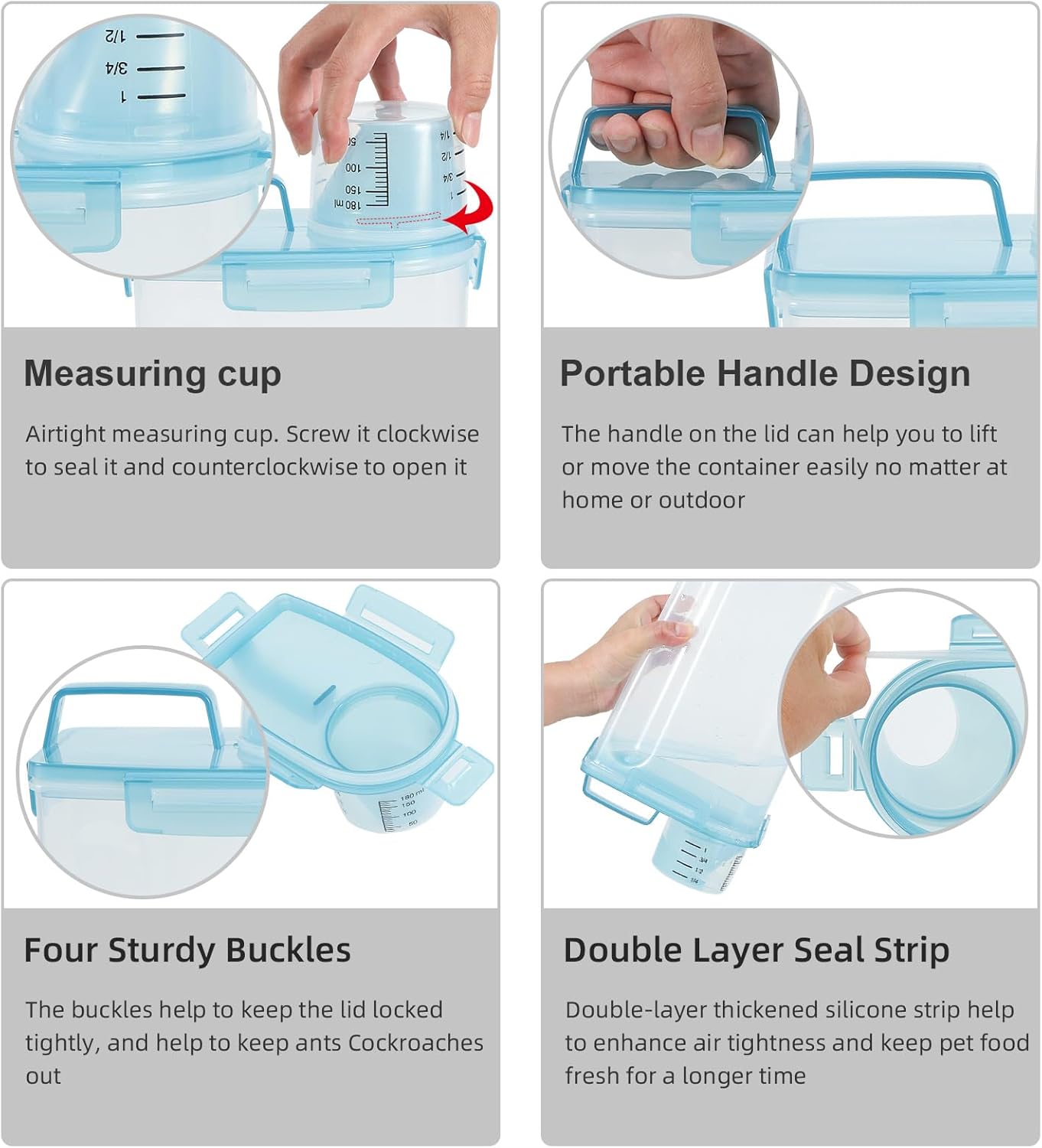 3-5Lbs/3Qt Dog Cat Food Storage Container With foldable bowl. Plastic Pet Food Dispenser for Small Animal Kibble/Pet Food/Bird Seed/Oatmeal/Rice/Flour/Brown Sugart/Cereals (Clear Bule)