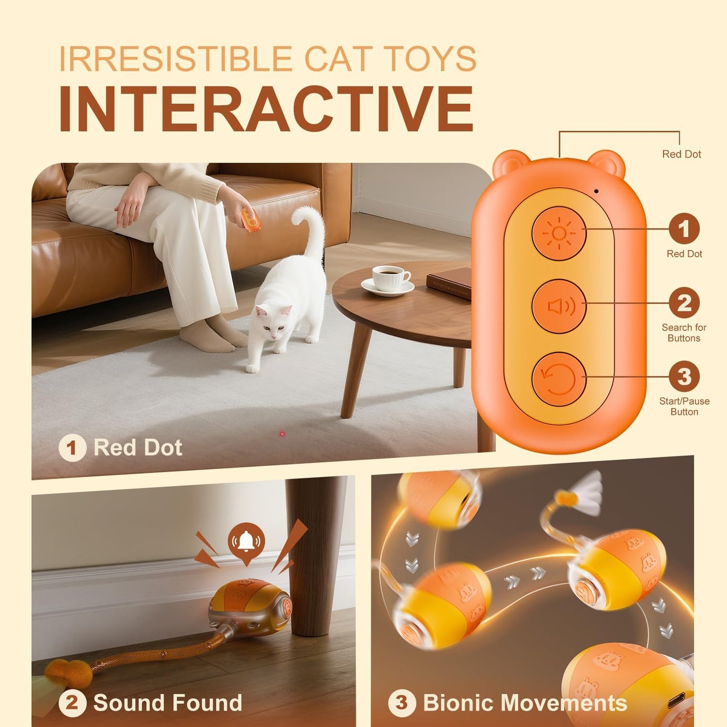 New Fi Smart Interactive Cat Toy Ball with Remote Control & Sound | Motion-Activated Automatic Cat Toy with 2 Elastic Tails, Red Dot & Find Function for Indoor Cats & Kittens
