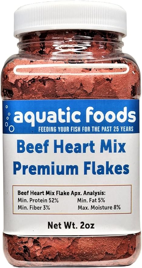 Aquatic Foods Inc. Beef Heart Custom Mix Flakes of Beef Heart, Shrimp Prawns, Astaxanthin for Color Enhancing Premium Flakes for Cichlids, Discus, Tropical Fish…2oz Small Jar