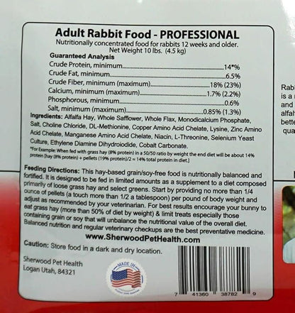 Sherwood Pet Health Adult Rabbit Food Professional 10 lbs, Grain and Soy-Free for Better Digestion