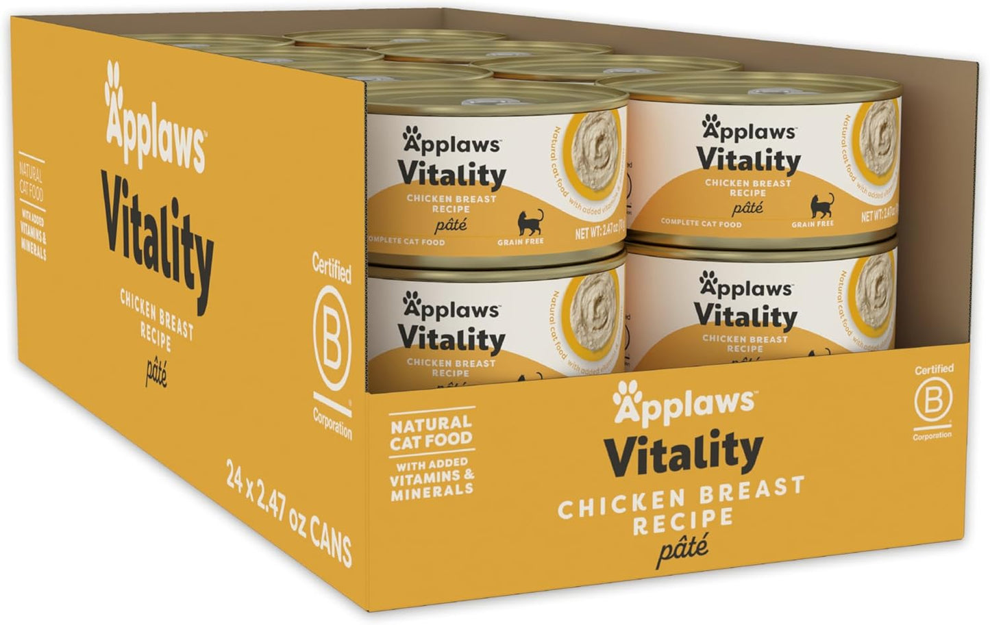 Applaws Vitality Wet Cat Food Paté, Natural Cat Food with Added Vitamins & Minerals, Grain-Free, Carrageenan Free, Chicken Breast Recipe (24 Count, 2.47 oz Cans)
