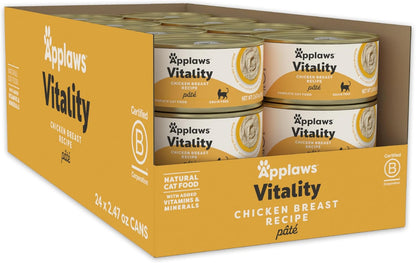 Applaws Vitality Wet Cat Food Paté, Natural Cat Food with Added Vitamins & Minerals, Grain-Free, Carrageenan Free, Chicken Breast Recipe (24 Count, 2.47 oz Cans)