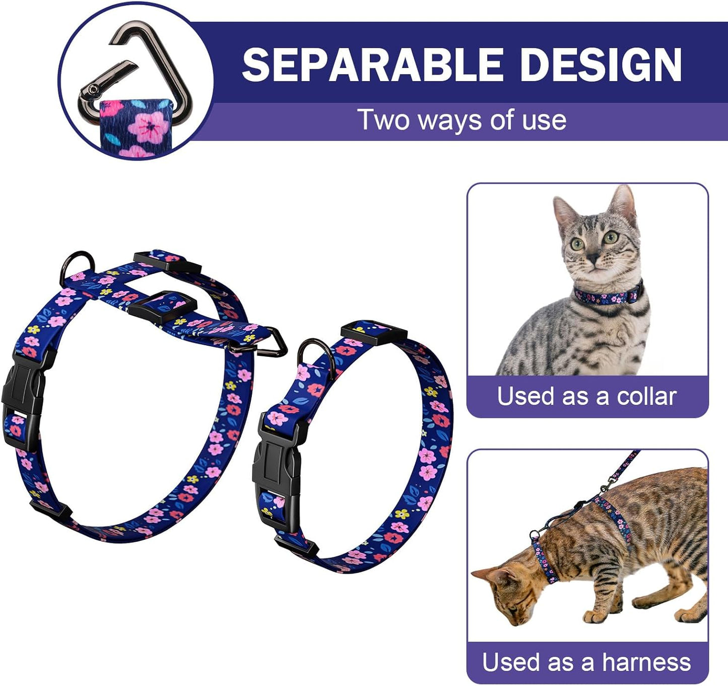 Hikiko Cat Harness and Leash Set Escape Proof Adjustable Walking Travel Cute Kitten Harness for Small Medium Large Cats (Navy Blue Floral, M)