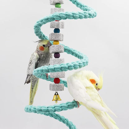 Dnoifne 78.7 Inches Bird Spiral Rope Perch, Blue Cotton, For Parrot, Parakeet, Budgie, Lovebird, Cockatiel