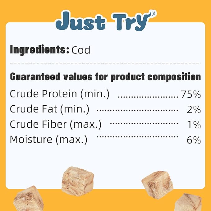 Just Try 4.76 oz Freeze-Dried Cod Treats Dog & Cat Treats - Single Ingredient, Grain-Free Snacks Omega-3 Supports Skin & Coat Health